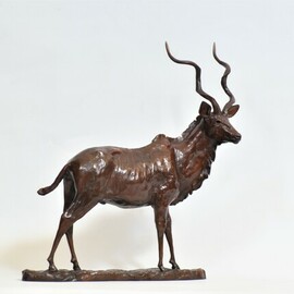 Heinrich Filter: 'kudu bull', 2023 Bronze Sculpture, Wildlife. Artist Description: Kudu Bull - Limited Edition of 12, Bronze sculpture on bronze base, L 35 cm x W 12 cm x H 36 cm, brown patina.The majestic Kudu bull has one of the most recognisable silhouettes of the African bush. Tall, corkscrew horns can grow up to 1. 8 ...