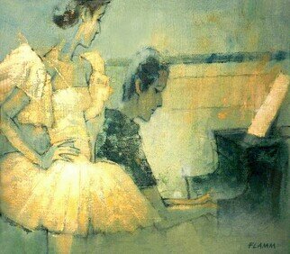 Ferenc Flamm: 'the accompanist', 2021 Oil Painting, Dance. The image is a part of a series aEURBackstageaEUR, a visual journey into the world of ballet and capture the work behind the performance on stage. ...