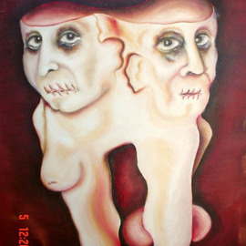 Sandra Kojic: 'amore omnium', 1994 Oil Painting, Surrealism. Artist Description:  they look alike after so many years. . . , almost like friends. . they have been lovers, once. And they will die together, like the tooth that cant be split. ...