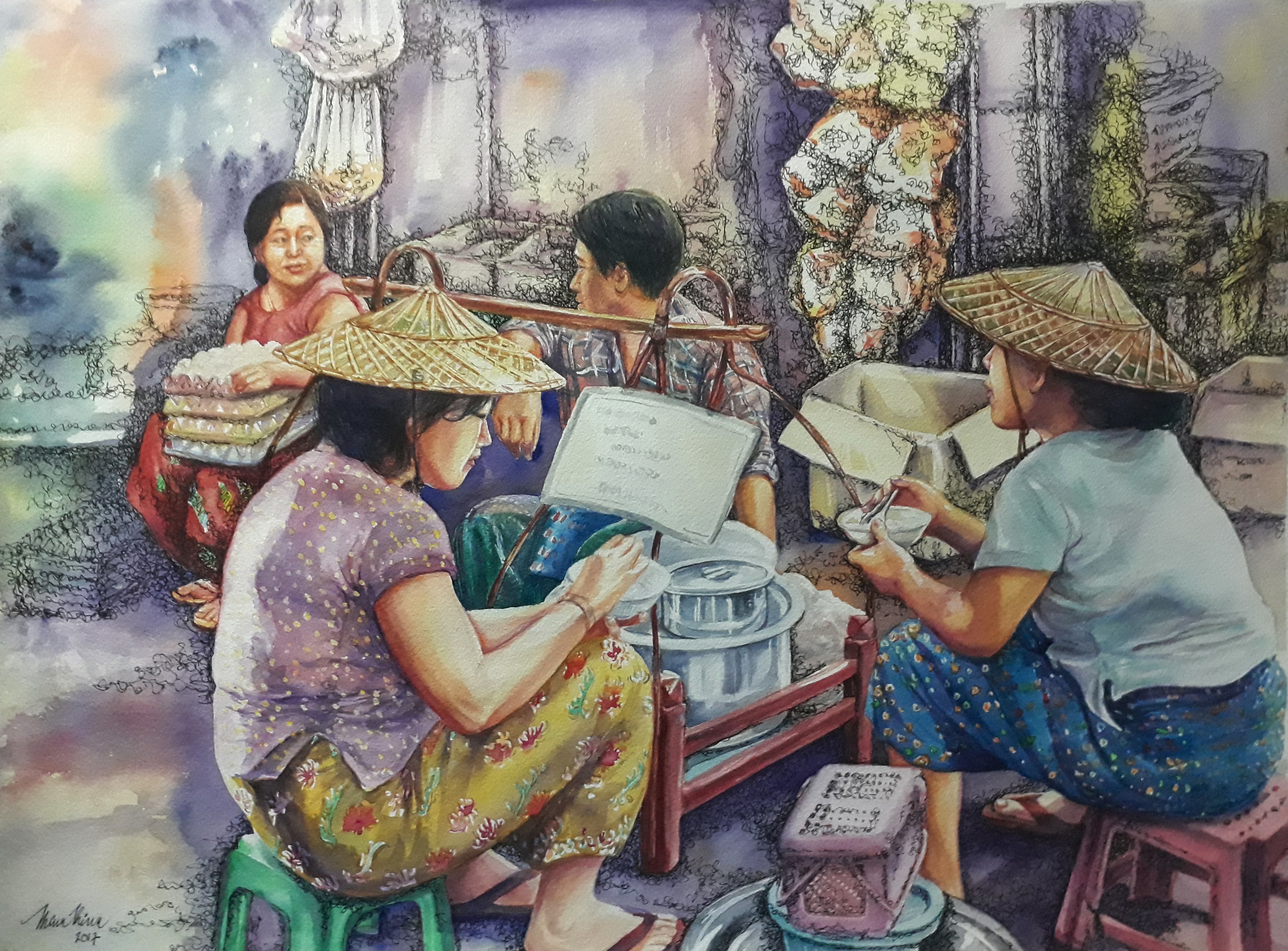 Thinn  Thinn: 'breakfast at market', 2018 Watercolor, People. people, market, shop...