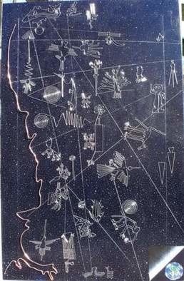 Kelly  Courtney: 'totalmassretain', 2008 Mixed Media, Surrealism. The Nazca lines in Peru layed out as best I could after comparing different maps. The copper line on the left is a topographic line. Then in the bottom right corner, space is folded to reveal the southern hemisphere of earth with Peru and Nazca in center. Wire, oil on ...