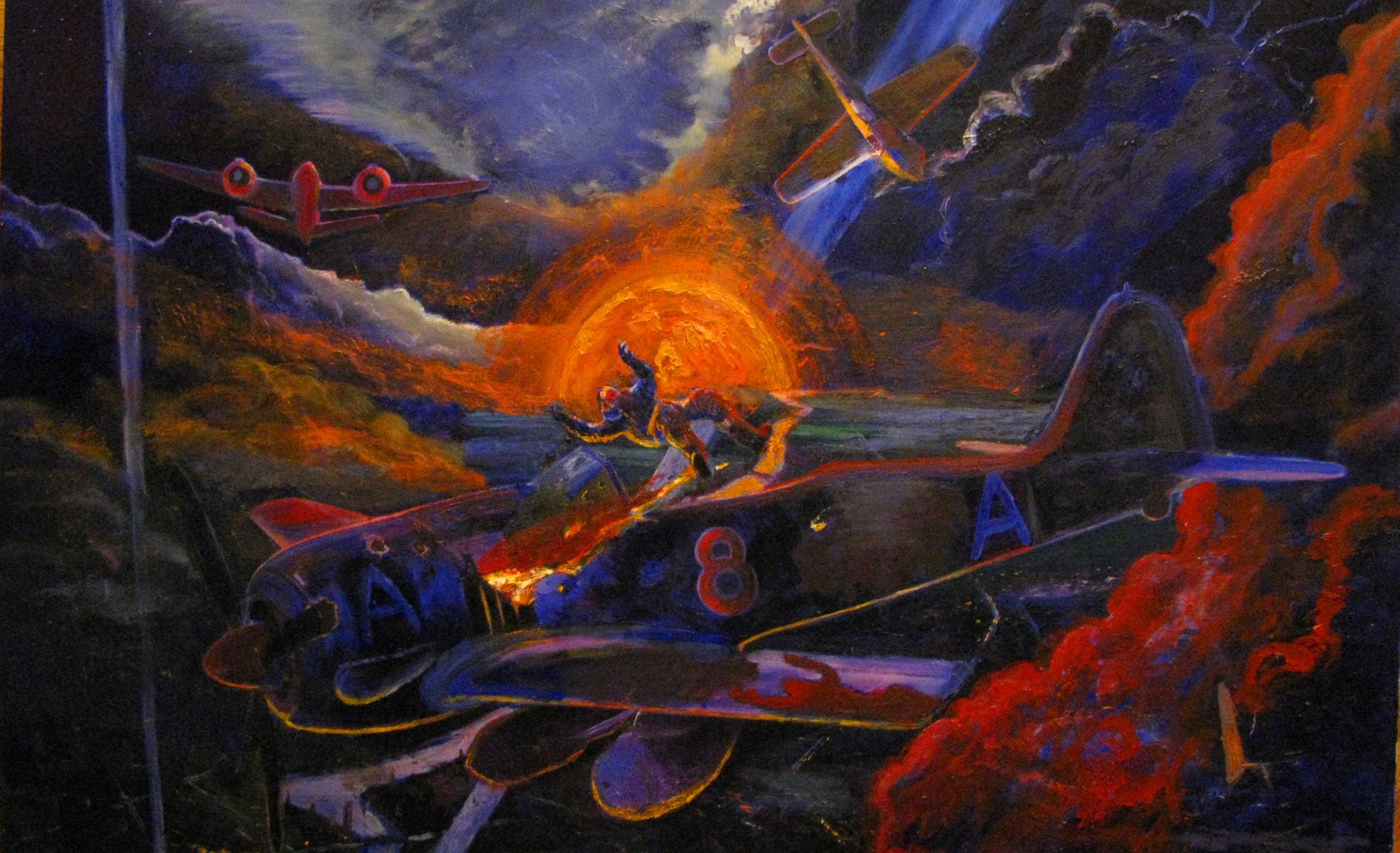 Marcin Regulski: 'Polish victory', 2012 Oil Painting, Aviation.  aEURzPolish victoryaEURJuly 1943. The piloting Bristol Beaufighter by the Polish crew accurately hit the Fw- 190 during the one of night missions aEURzIntruder OperationsaEUR. German pilots survives by desperate emergency jump. Under the hub, the distance range tanks and a bomb, which will not hit the aim, which could...
