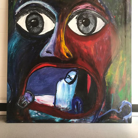 Frances Bildner: 'hunger', 2018 Acrylic Painting, Holocaust. Artist Description: Hunger is a mask of horror about the holocaust. It shows the absolute horror of aggression and disappearance and extinction of people by monsters. ...