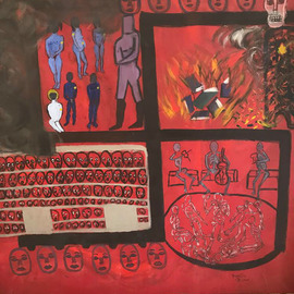 Frances Bildner: 'the four stages', 2018 Acrylic Painting, Holocaust. Artist Description: This painting depicts the four stages of the holocausts. The jewish yellow star as identification and ostracization, The burning of the books, The cattle cars on their way to the camps and the final skeletal looking people and death...