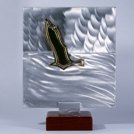 Gary Brown: 'Flight', 2005 Aluminum Sculpture, Abstract. Artist Description:  Multi Layer inlaid metal. Aluminum, Bronze, with wood base ...