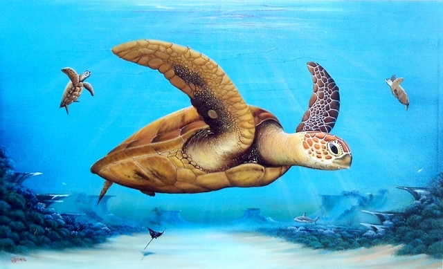 Artist Gary Boswell. 'Sea Turtles Over Reef' Artwork Image, Created in 2019, Original Painting Acrylic. #art #artist