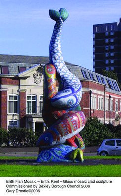 Gary Drostle: 'The De Luci Fish Mosaic Sculpture', 2006 Mosaic, Fish.  25 foot high glass mosaic encrusted sculpture for the entrance rotary for Erith in Kent, UK. The award winning sculpture represents the history and future of the area. ...