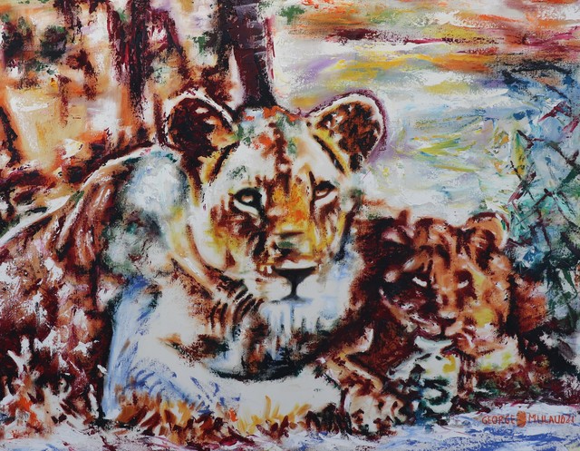 Artist George Mulaudzi. 'Lioness And Cub' Artwork Image, Created in 2021, Original Painting Oil. #art #artist