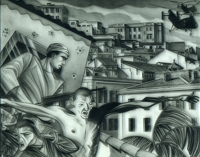 Geo Sipp  'Choppers Over Algiers', created in 2011, Original Printmaking Linoleum.