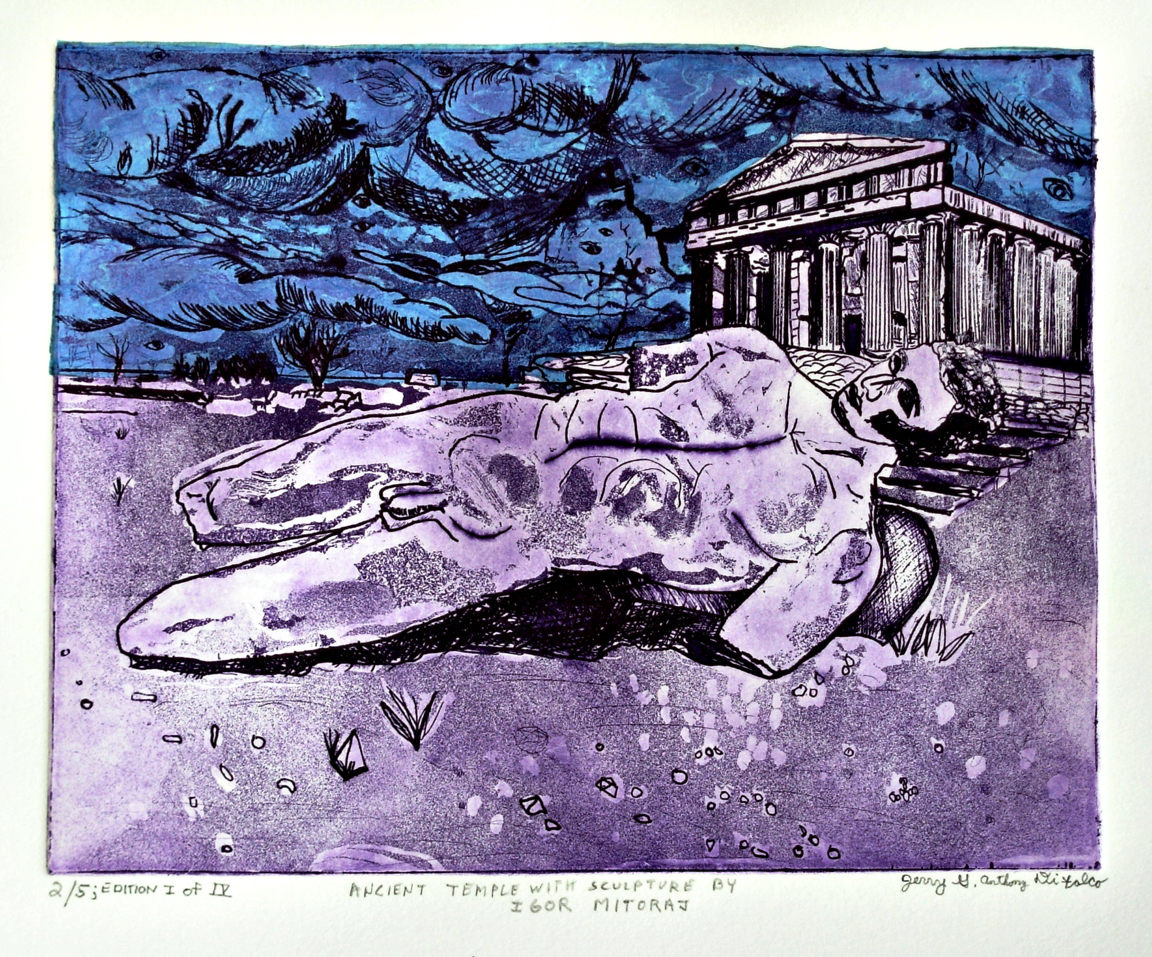 Jerry  Di Falco: 'ANCIENT TEMPLE WITH SCULPTURE BY IGOR MITORAJ', 2015 Etching, Surrealism. My title for is, ANCIENT TEMPLE WITH SCULPTURE BY IGOR MITORAJ. I used the studio techniques of aquatint, drypoint, intaglio and Chine colle. This print is from the LAST of FOUR editions, and this one is the 2nd best print of 5. French, oil- based ink was used on Rives ...