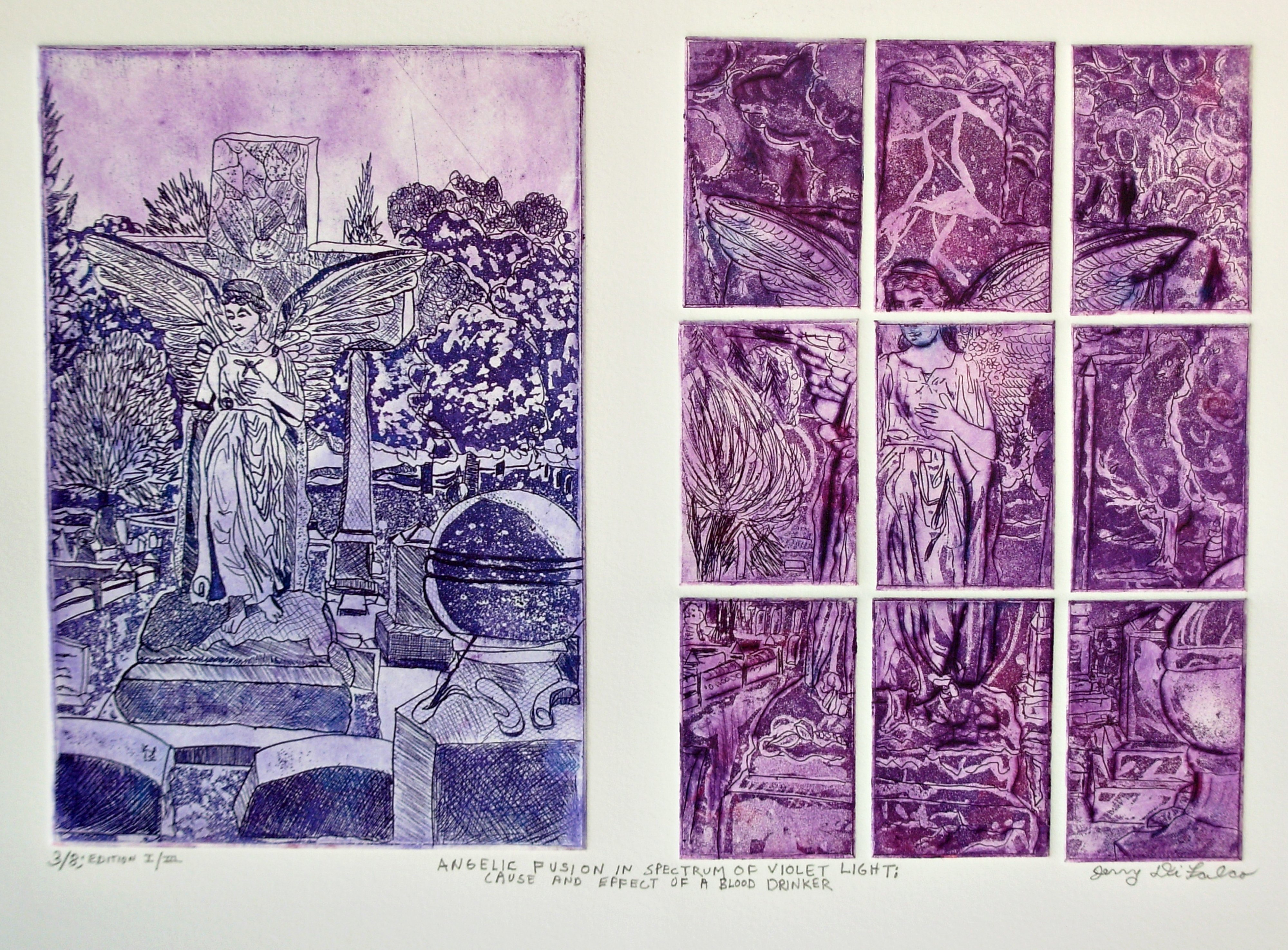 Jerry  Di Falco: 'ANGELIC FUSION', 2014 Etching, Mystical. ANGELIC FUSION OF VIOLET SPECTRUM OR CAUSE AND EFFECT OF LIGHT UPON A BLOOD DRINKER. This etching is executed in oil based etching inks on RivesBFK white paper. The printmaking techniques used included aquatint, drypoint, and intaglio. TEN zinc plates were used in this diptych style design the plate edges, ...