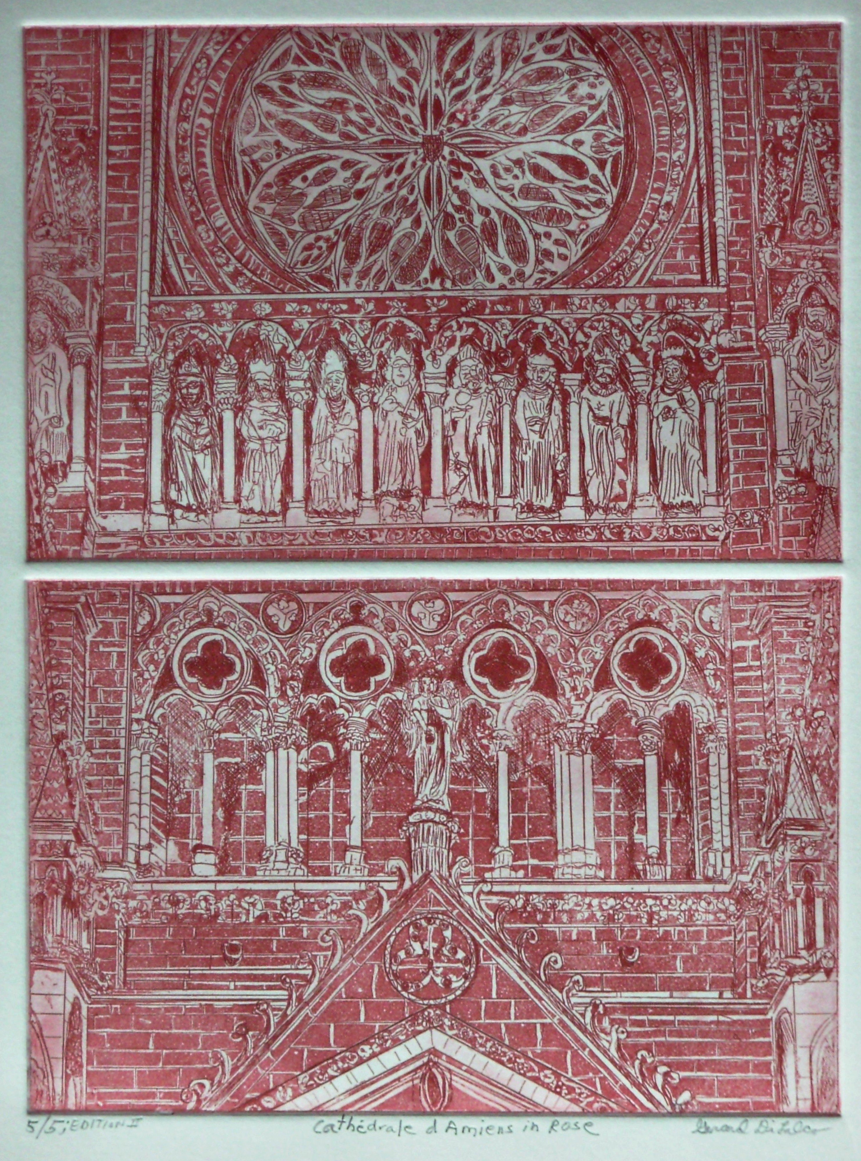 Jerry  Di Falco: 'Amiens Cathedral in Rose', 2013 Intaglio, Architecture.  This etching, entitled Cathdrale Notre Dame de Amien, employs the techniques of aquatint, intaglio, and drypoint on two zinc plates, which each measure 6 inches high by 9 inches wide. The overall printed image of this vertical diptych measures 9 inches wide by 12 inches high, or approximately 23 cm...
