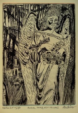 Jerry  Di Falco: 'Angel Tomb in New Orleans Black Edition', 2013 Etching, Magical. This etching incorporates the traditional techniques of intaglio, aquatint, and drypoint. The image features the tombstone of an angel in New Orleans with a background of hanging Spanish moss and weeping willows. Moreover, it is an urban legend that the marble angels come to life at night and walk the ...