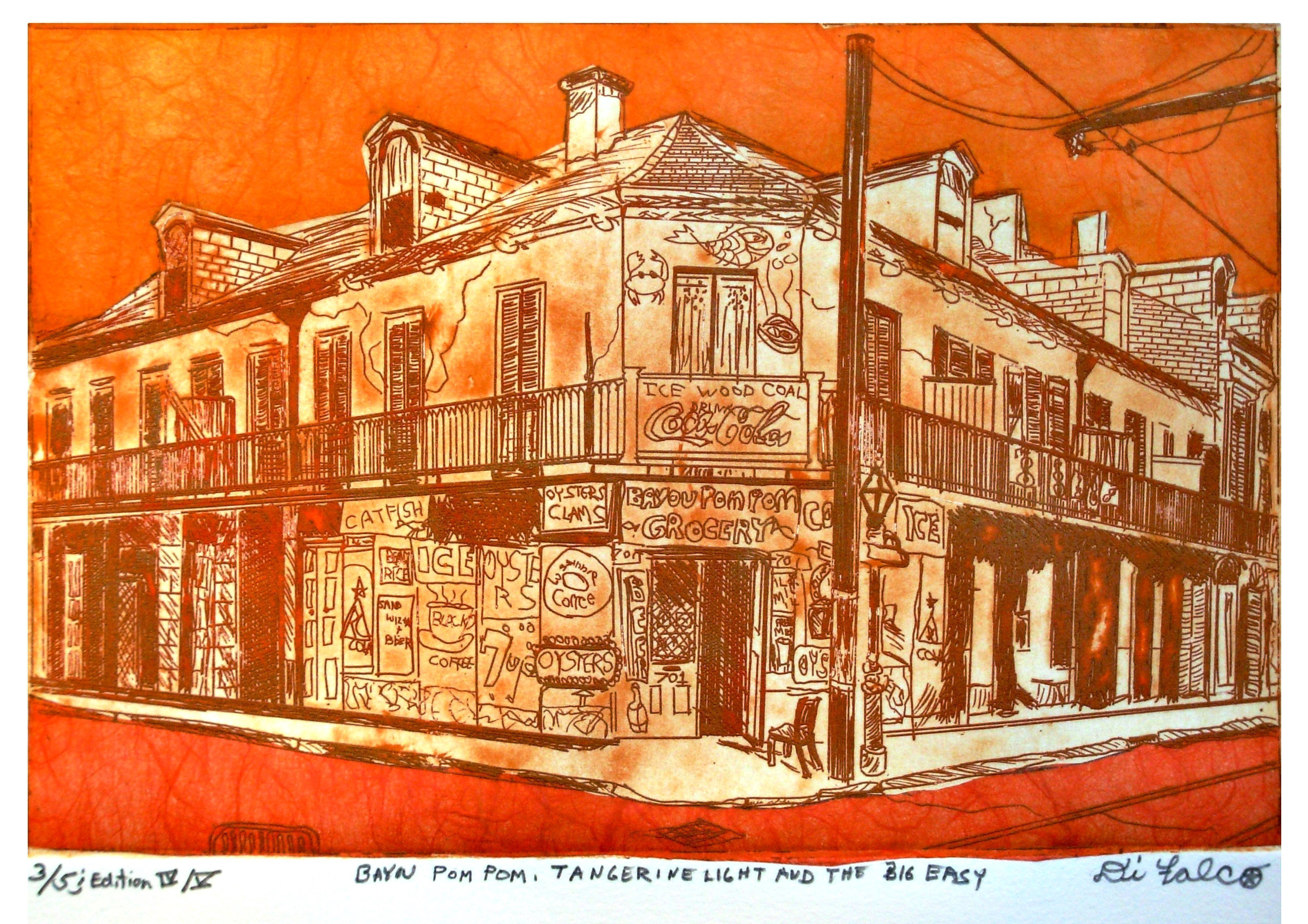 Jerry  Di Falco: 'Bayou Pom Pom and Tangerine Light and The Big Easy', 2016 Etching, Cityscape. Shipment not included in price. One zinc plate was used for this etching, which measured 6 inches high by 9 inches wide The print measures 11. 2 inches high by 15 inches wide. Media used was Stonehenge cream colored paper, oil based etching ink, mulberry bark paper, and methyl cellulose. ...
