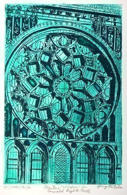 Jerry  Di Falco: 'CHARTRES WINDOW EMERALD AT NORTH', 2016 Etching, Landmarks.  My etching, CHARTRES WINDOW IN EMERALD LIGHT- - NORTH, is adapted from a Nineteenth Century photograph of the Rose Window in the North Transept of Chartres Cathedral in France. The window itself, as an architectural element, holds many secrets in its various design details moreover, this window alone without even considering...