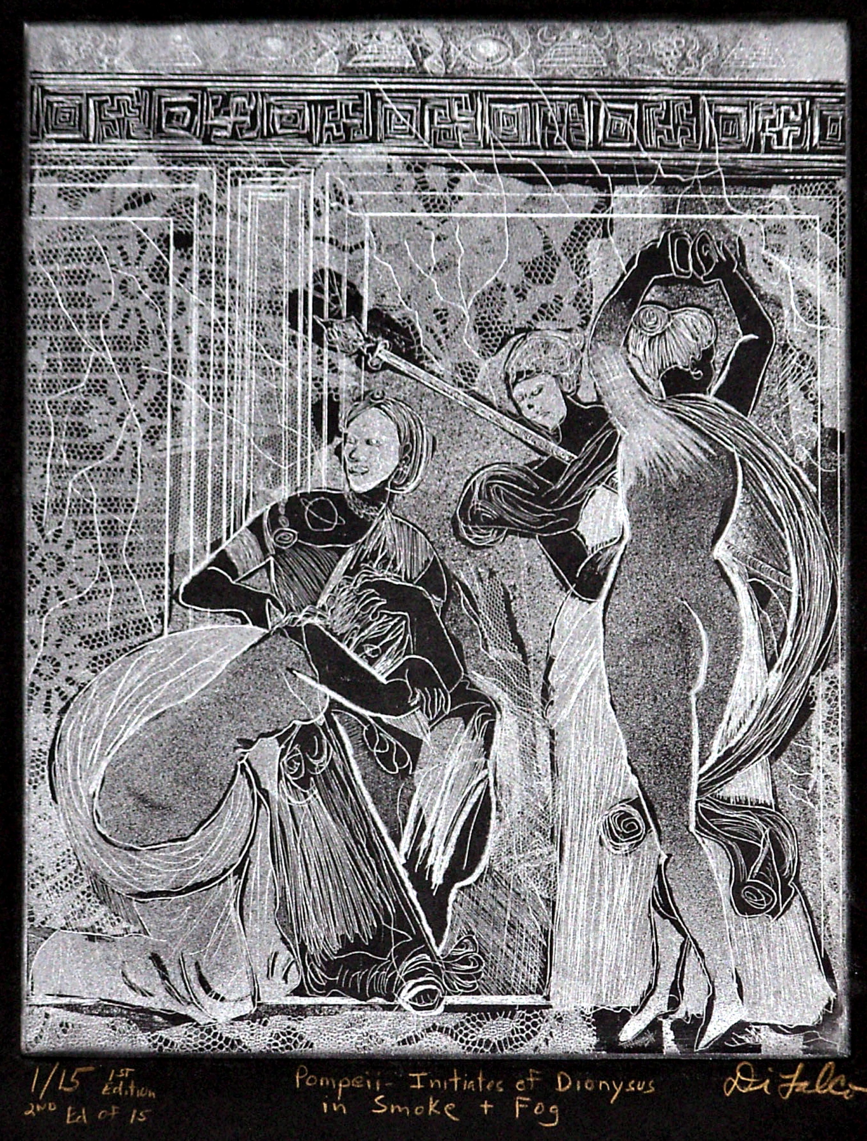 Jerry  Di Falco: 'Dionecian Initiates in Smoke and Mirrors ', 2009 Intaglio, Ethereal. This etching employed hard and soft grounds with the studio techniques of aquatint, drypoint, and intaglio. It is part of a series dealing with images from Pompeii in the VILLA OF THE MYSTERIES. The image size is 10 inches high by 8 wide. Media included French, oil base ink on ...