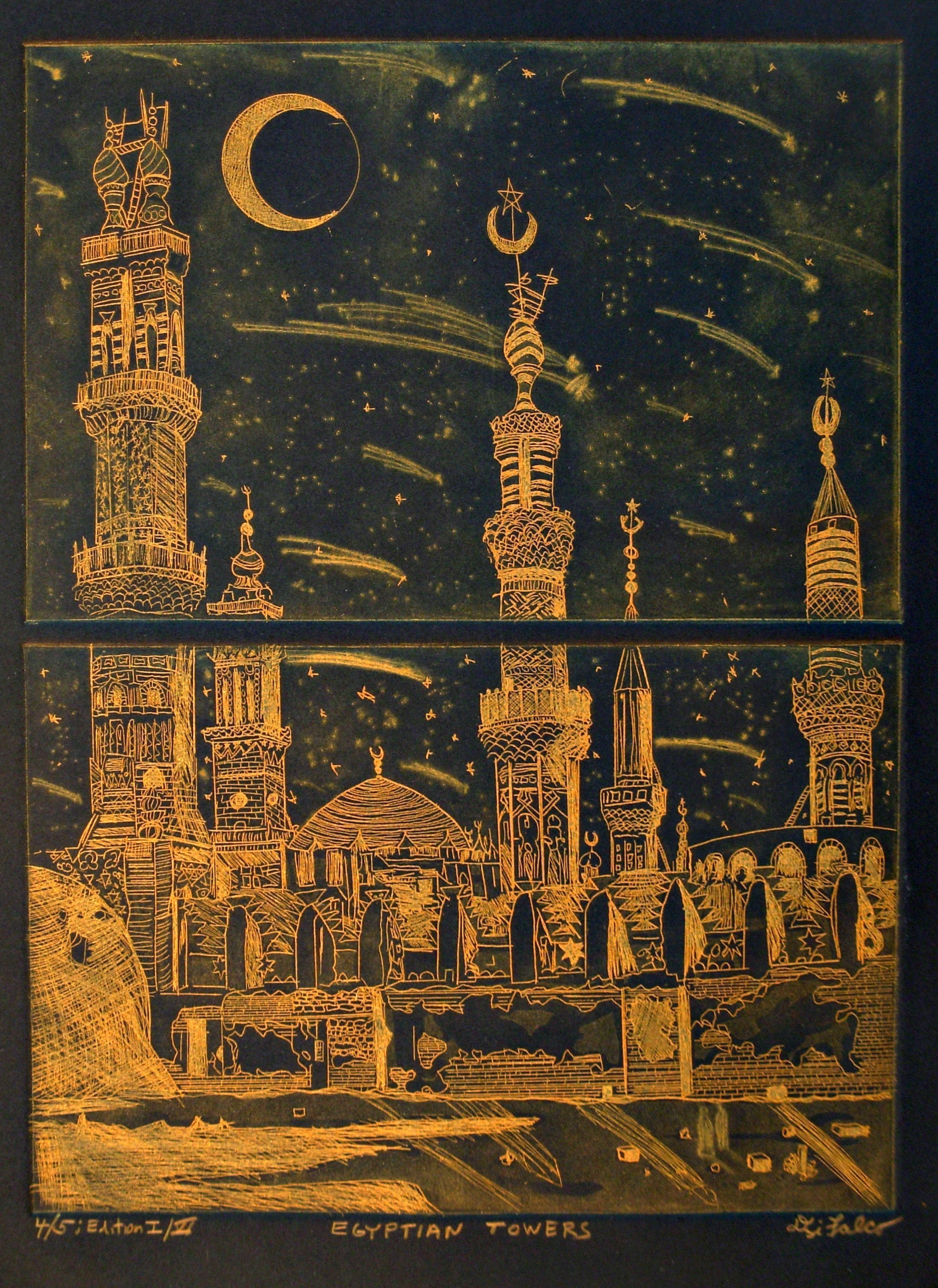 Jerry  Di Falco: 'EGYPTIAN TOWERS', 2013 Etching, Islamic. This etching employs the techniques of INTAGLIO, AQUATINT AND DRYPOINT. The image is taken from an albumen print created between 1865 - 1889 by J. Pascal Sebah Turkish photographer. The scene shows a series of Islamic towers in Egypt executed in the Malmuk. This original photo is from the A. D. ...