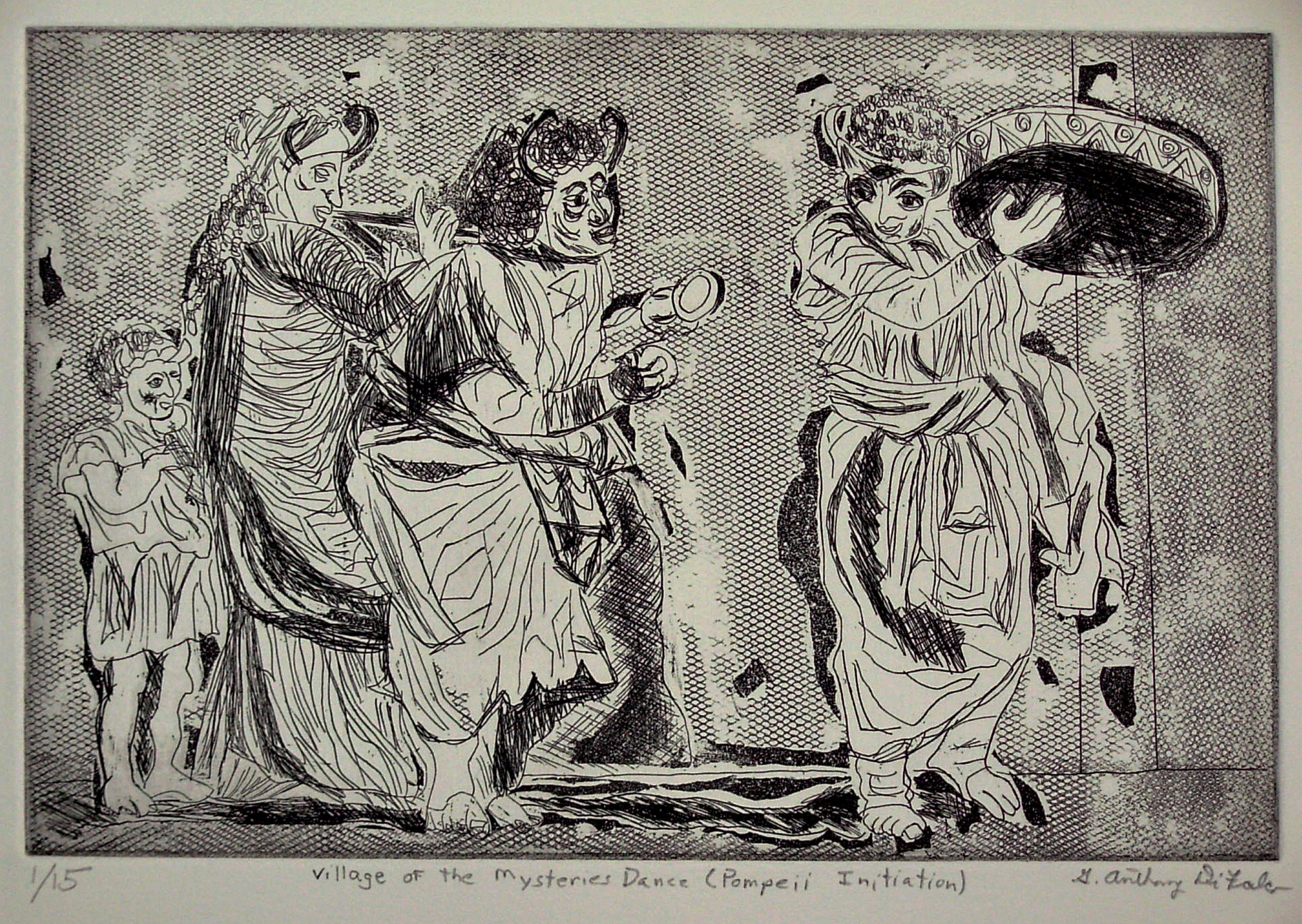 Jerry  Di Falco: 'Initiation Dance form Pompeii', 2009 Etching, Mystical. FULL TITLE IS, Initiation Dance form The Villa of the Mysteries in Pompeii.  This little treasure is from a series of etchings taken from the murals in Pompeiis Villa of the Mysteries. The image size is 6 high, or 15. 24 cm by 9 inches wide, or 22. 9 cm.  ...