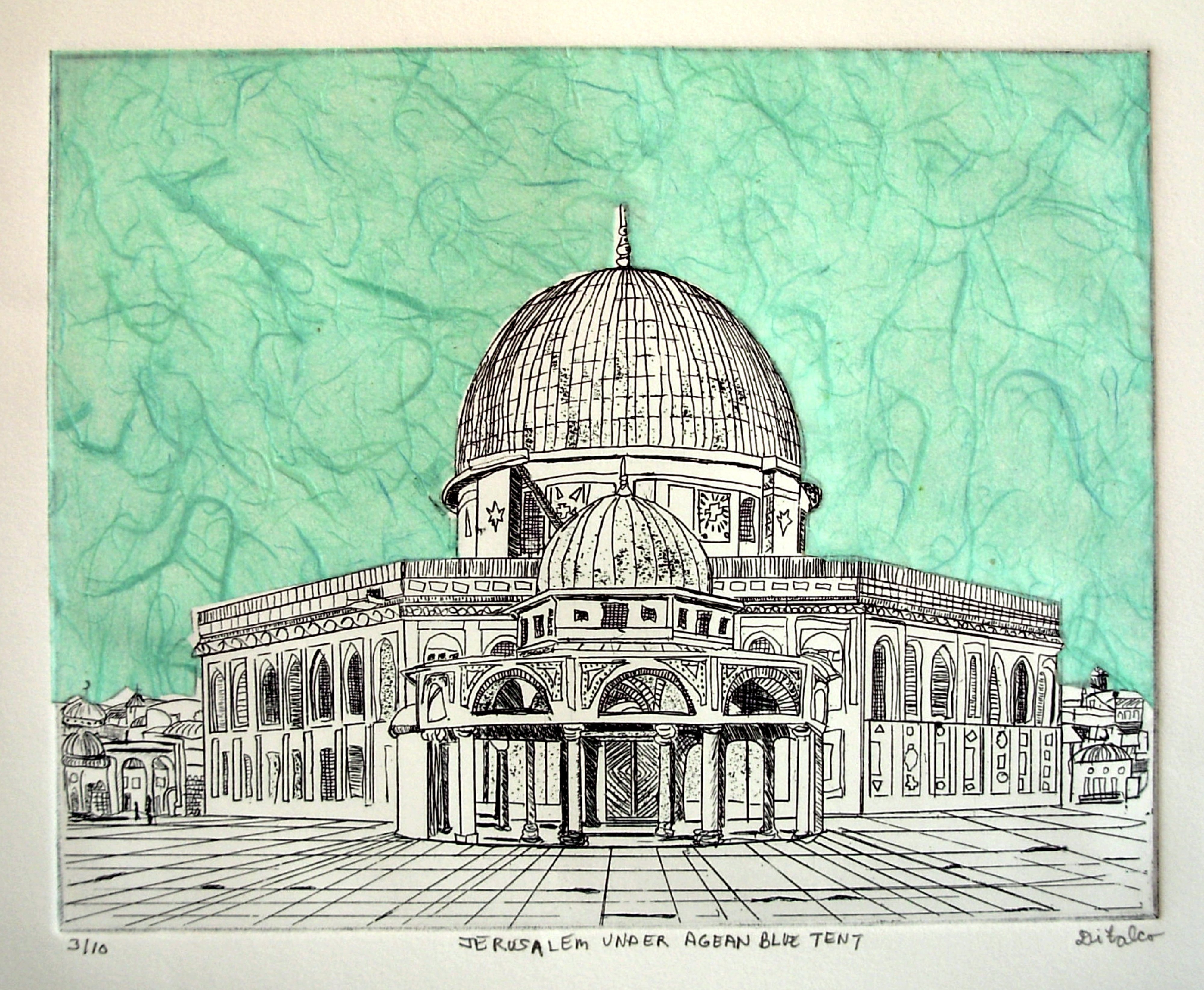 Jerry  Di Falco: 'JERUSALEM UNDER AGEAN BLUE TENT', 2011 Etching, Islamic. I employed the studio techniques of intaglio, chine colle and drypoint to create this work, which has only TWO EDITIONS. This edition uses the method of Chine colle and contains only ten prints. The other edition is limited to twenty five prints. The media for this edition includes black oil ...