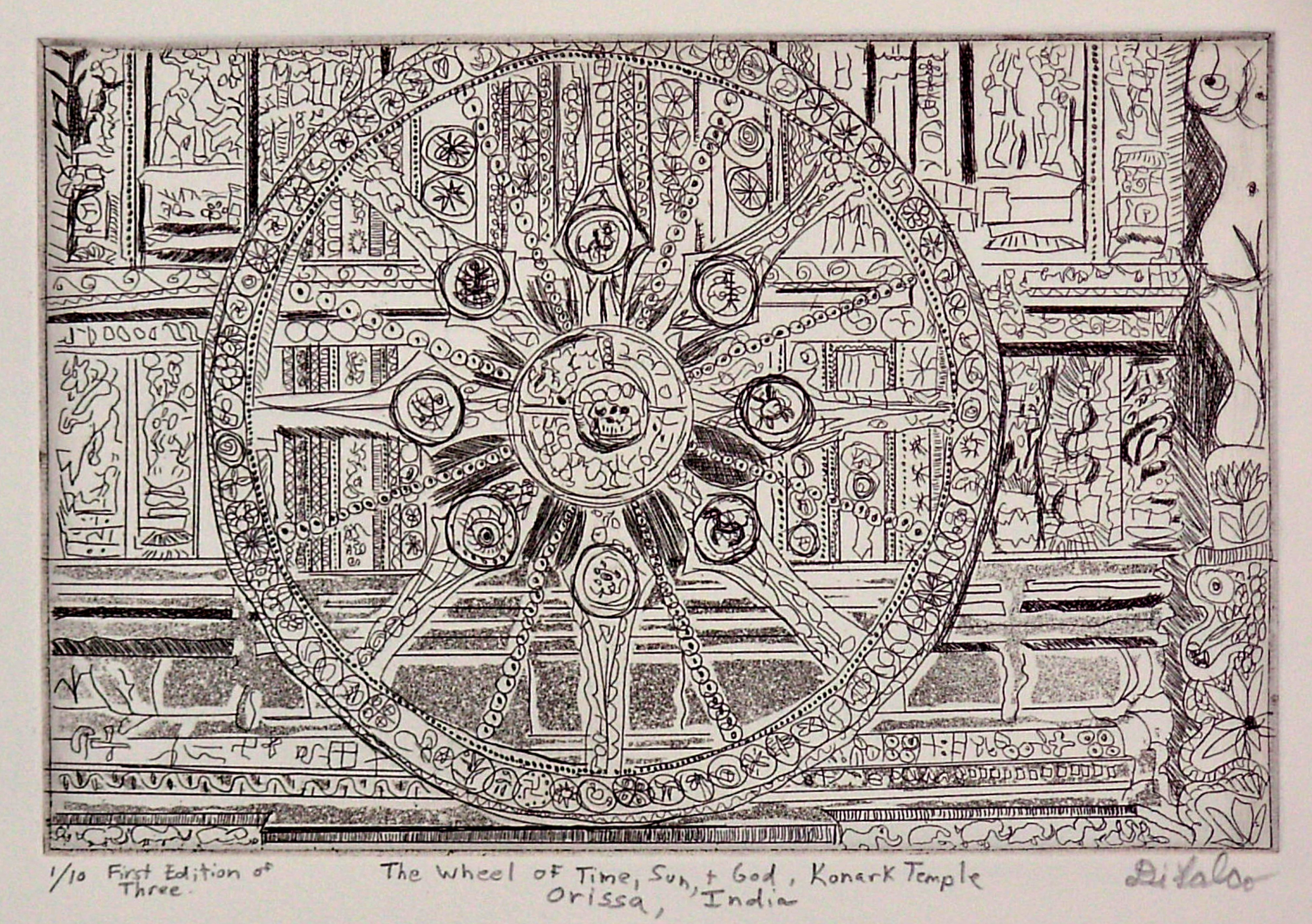 Jerry  Di Falco: 'KONARK TEMPLE IN ORISSA INDIA', 2010 Etching, Hindu. title is, THE WHEEL OF TIME SUN AND GOD AT KONARK TEMPLE IN ORISSA INDIA. The etching techniques included intaglio and aquatint. I hand printed and published this edition at The Center for Works on Paper in Philadelphia, Pennsylvania, USA. Please note that this etching is shipped to the collector ...