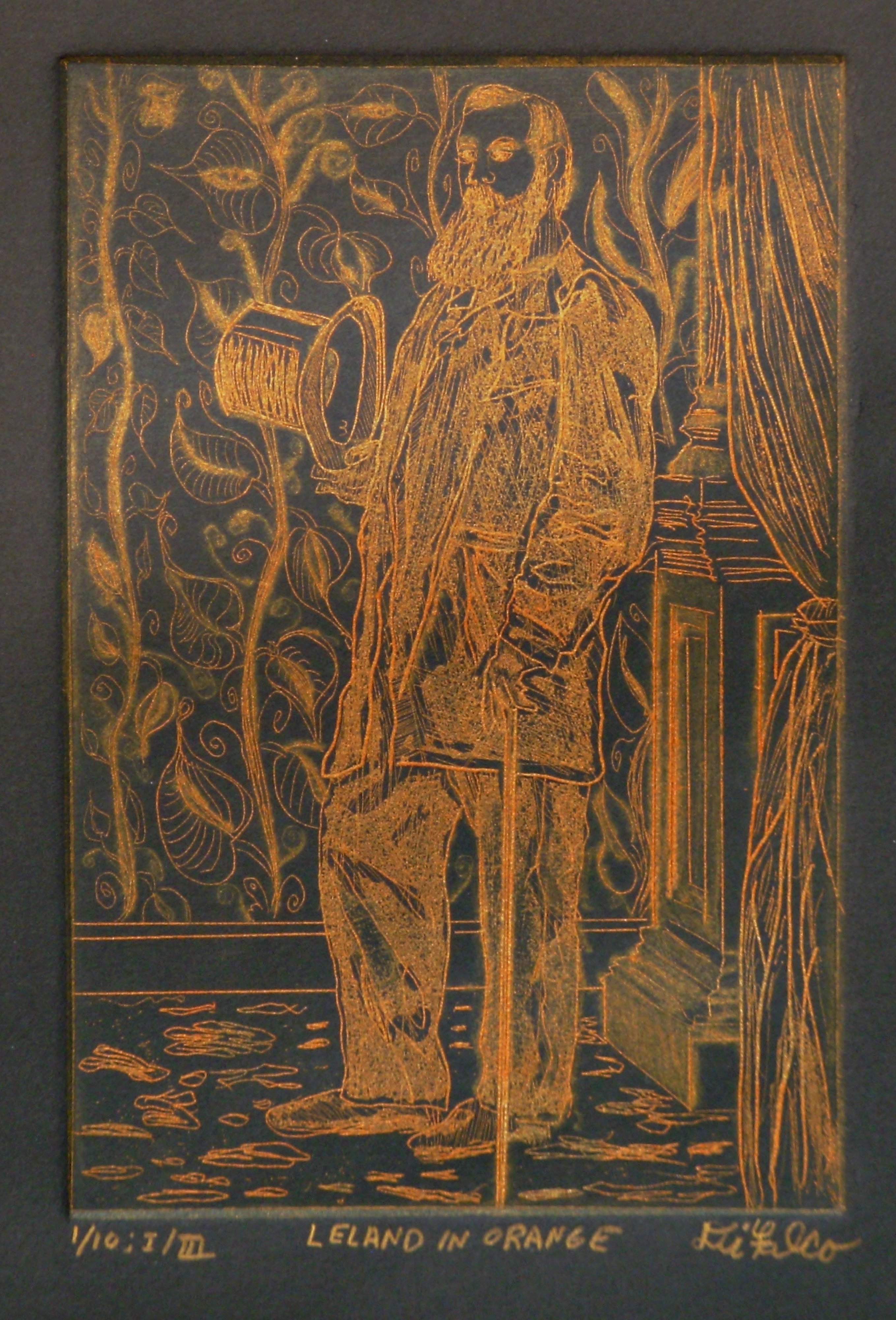 Jerry  Di Falco: 'LELAND IN ORANGE', 2014 Etching, Famous People. Full title is LELAND IN ORANGE. Print measures 9inches by 11inches, or 22. 86cm by 27. 94cm. Done on STONEHENGE black paper with oil- based etching inks. Several acid baths were necessary to achieve this overall misty effect, as well as gold pigment. This intimate work is based on an ...
