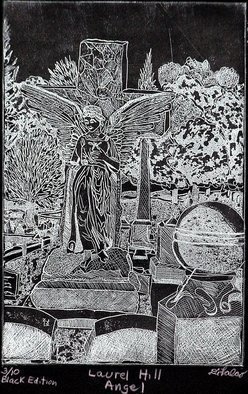 Jerry  Di Falco: 'Laurel Hill Black Angel', 2010 Intaglio, Mystical. This print is from a visual study I did in Laurel Hill Cemetery, Philadelphia, Pennsylvania, famous for its gothic and Victorian atmosphere and tomb sculptures. I did three limited editions of only ten prints each. This is the BLACK edition, which uses metallic ink on STONEHENGE BLACK printers paper the ...