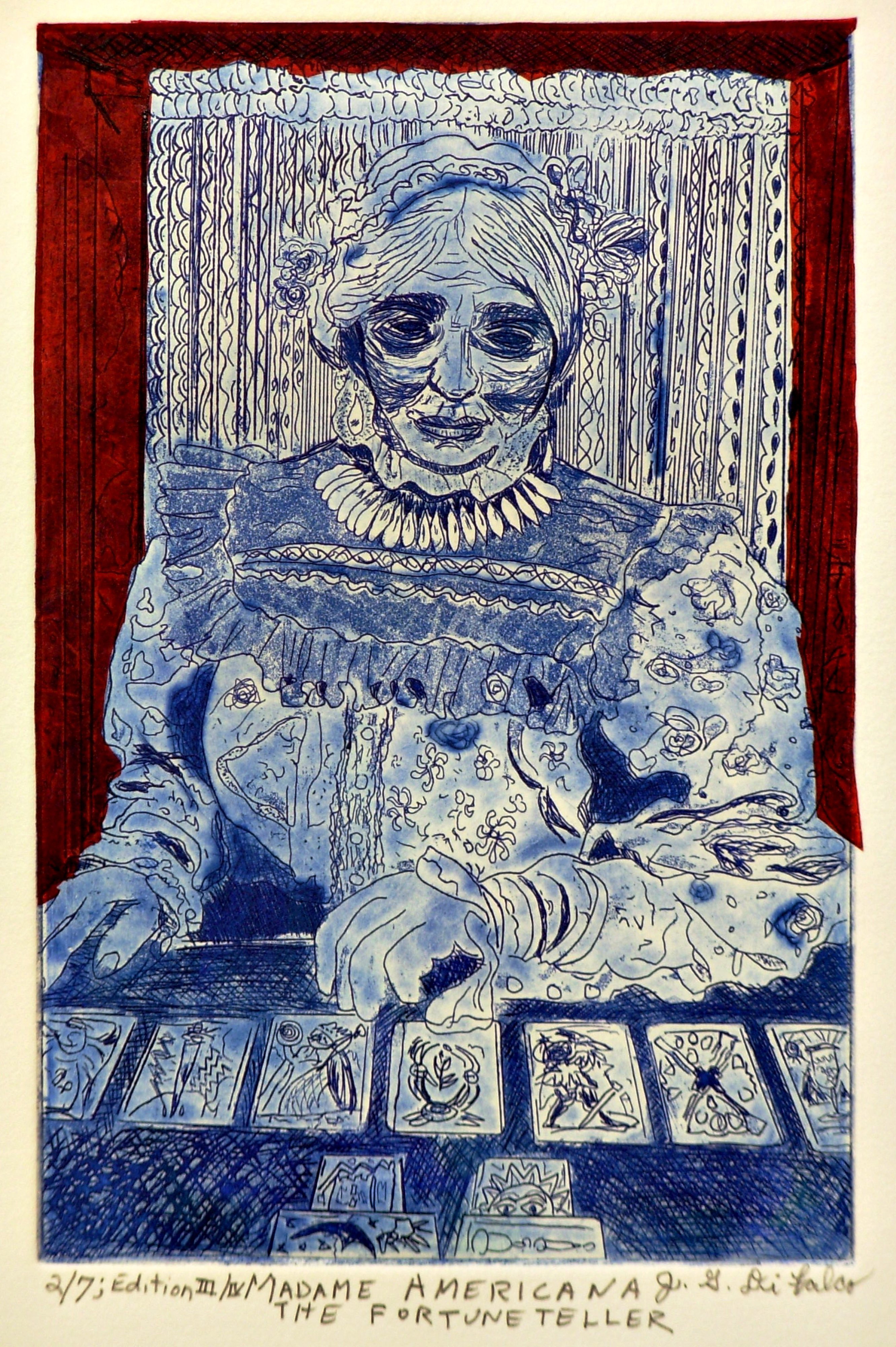 Jerry  Di Falco: 'MADAME AMERICANA THE FORTUNE READER', 2015 Etching, Americana. The title of this etching is, Fortune Teller. This is from the FIRST Edition of FOUR, and the editions are limited to SEVEN etchings each. This etching was published as print number FOUR of SEVEN. The zinc plate employed for this work measured SIX inches wide by NINE inches high, ...
