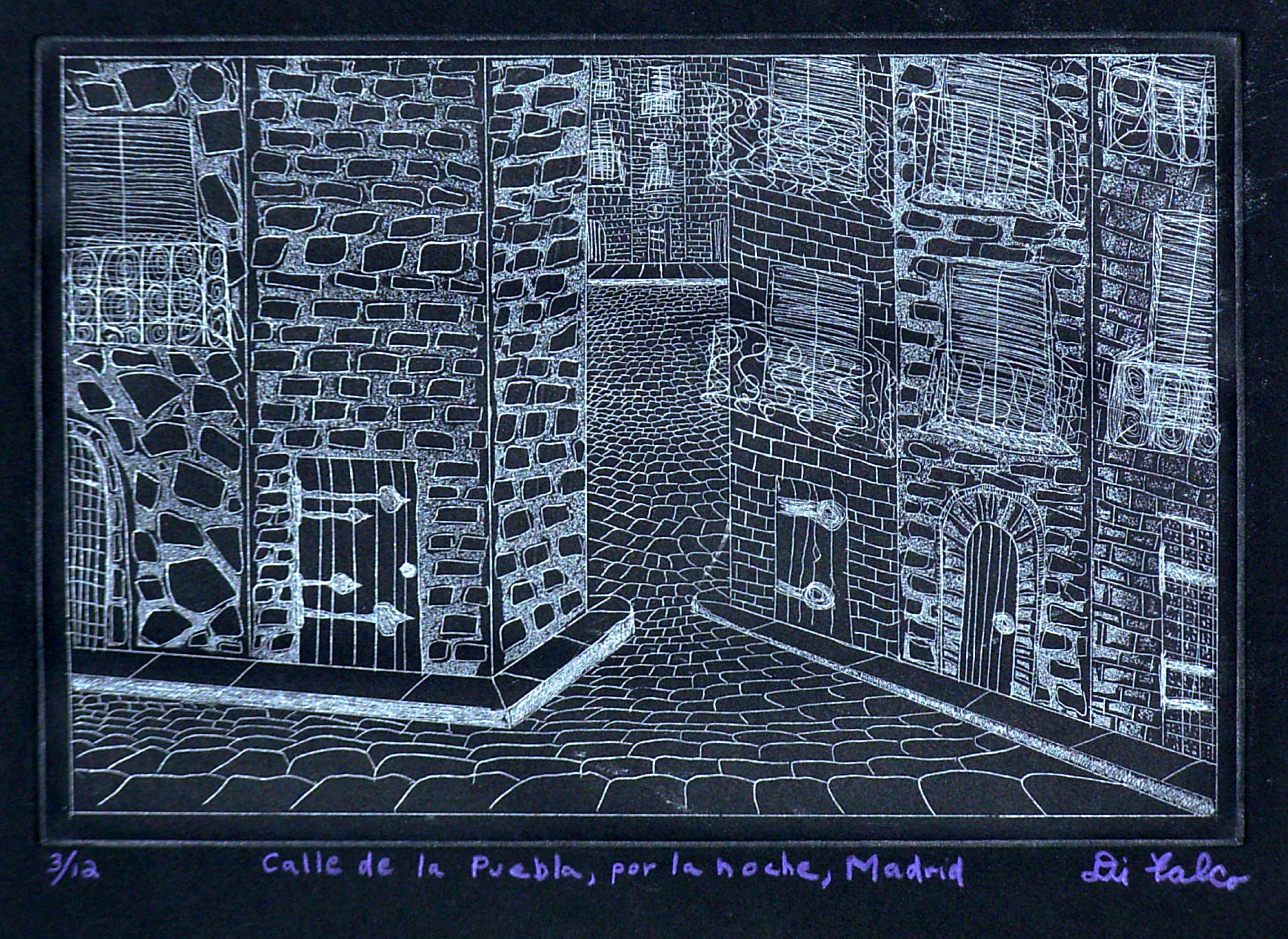 Jerry  Di Falco: 'Madrid Street at Night', 2009 Etching, Urban. This is an edition of twelve silver ink on black paper prints of the print entitled, Calle de la Puebla, El Centro, Madrid, or Street of the Town, Madrids Central District. I hand printed and published this edition at The Center for Works on Paper in Philadelphia, Pennsylvania, USA. Please ...