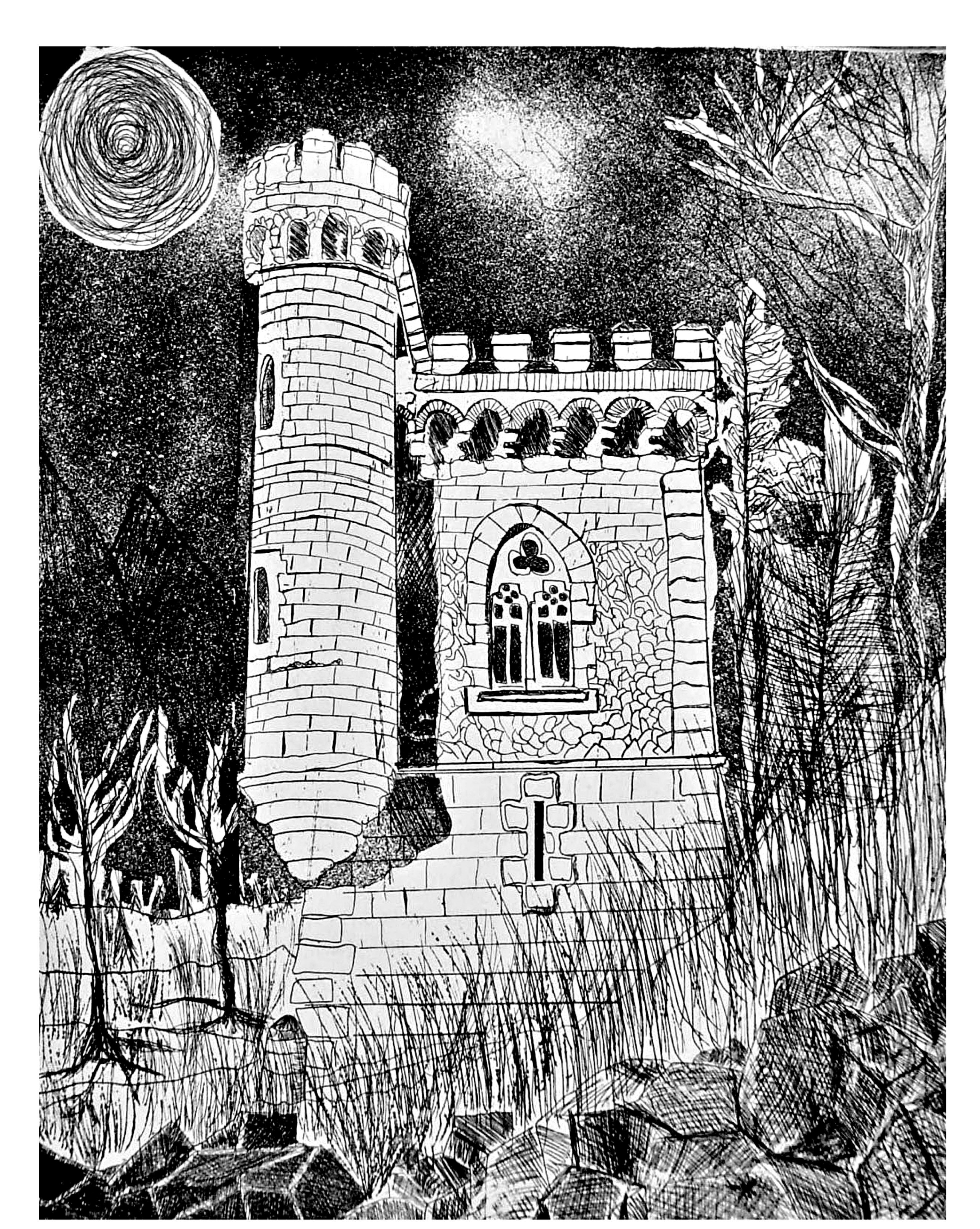 Jerry  Di Falco: 'Montsegur and the Tower of Magdalene', 2009 Intaglio, Magical. Montsegur and the Tower of Magdalene, is the full title of this etching.  This scene from the South of France highlights the mystery and magic of Montsegur, especially under a full moon.  I adapted this from a photograph I took in 19878 while hiking around the Cathar country.  Etching techniques ...