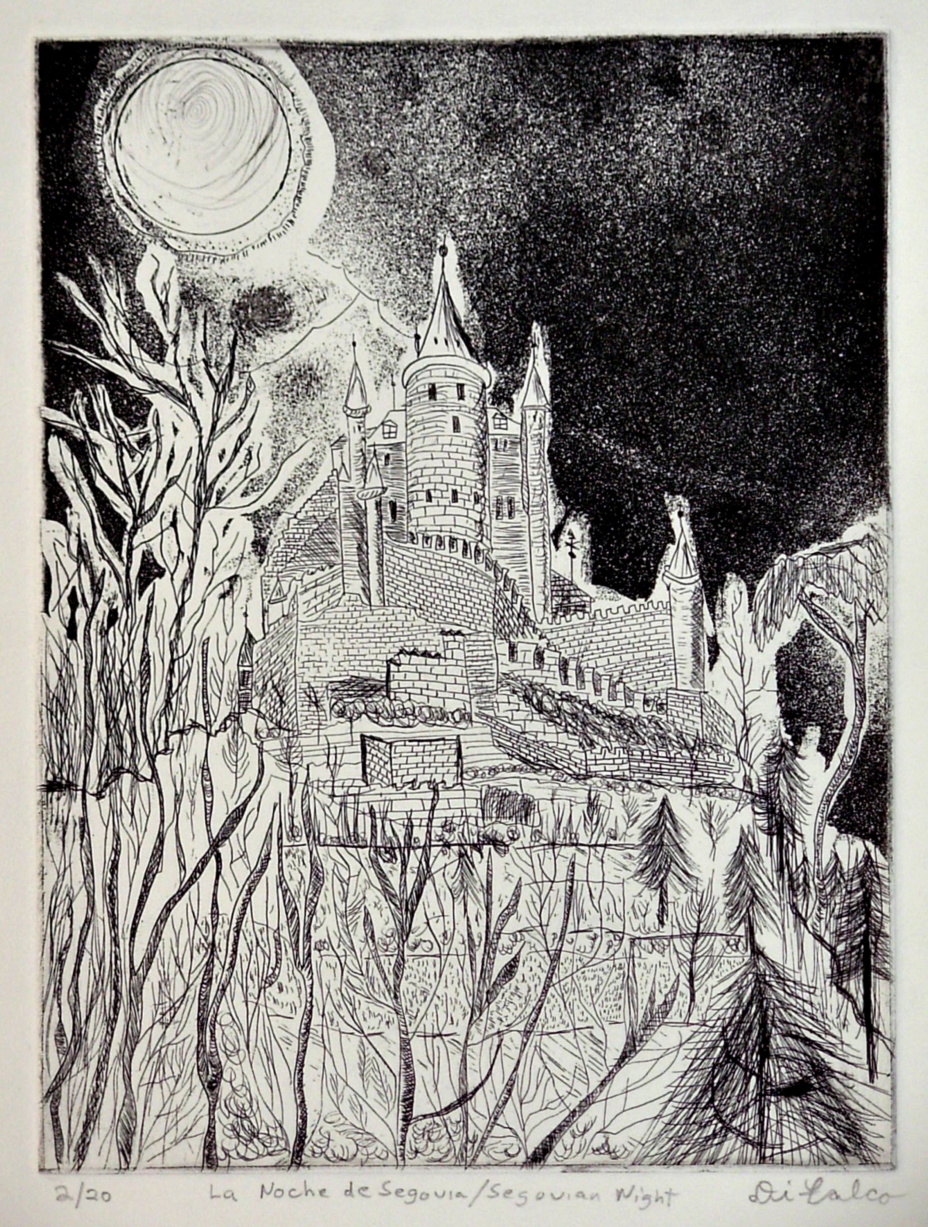 Jerry  Di Falco: 'Noche de Segovia SEGOVIAN NIGHT', 2009 Etching, Landmarks. The work was hand printed and published by the artist at The Center for Works on Paper in Philadelphia, Pennsylvania. Please note that this etching is shipped to the collector without a frame or mat. This keeps the price low and allows the collector personal choice in matt selection and ...