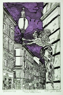 Jerry  Di Falco: 'PAN IN BUDAPEST WITH PURPLE MIST', 2015 Etching, Cityscape. One zinc plate of six- inches wide by nine inches high, or 15. 24cm by 22. 86cm, was used to create this work in conjunction with seven nitric acid baths. My methods included INTAGLIO, AQUATINT, DRYPOINT, and CHINE COLLE. The overall size of the print measures 11 inches wide by ...