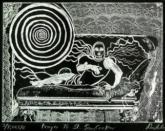 Jerry  Di Falco: 'PRAYER TO SAINT JEAN COCTEAU', 2014 Intaglio, Movies. I used the intaglio technique combined with drypoint and hand printed this work on Stonehenge black paper. Five acid baths were required to obtain my desired result, and the etching was printed with a blend of oil based French etching inks with powdered silver added. The image size is 8 ...