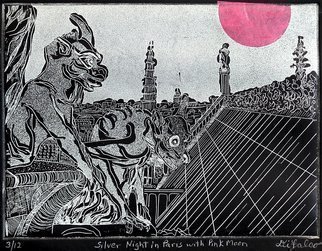 Jerry  Di Falco: 'Paris Under Pink Moon', 2011 Etching, Sky. This etching, Silver Night in Paris Under Pink Moon, incorporates the techniques of intaglio, aquatint, and chine colle. The image is from a photo I shot in 1987 atop Notre Dame in Paris. There are only two editions of this work with twelve prints each, twelve on black paper with ...