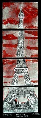 Jerry  Di Falco: 'Paris in Black and Red', 2016 Etching, Landmarks. The media for this multiple plate, etching includes Stonehenge black paper from the UK, metallic oil based ink from Paris, and hand- dyed mulberry bark paper from Thailand.  The studio techniques employed included INTAGLIO, AQUATINT, DRYPOINT, and CHINE COLLE.  The artist manually printed the editions on a large STRAND flatbed ...