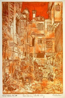 Jerry  Di Falco: 'Poor Venice with Golden Sky', 2016 Etching, Poverty. This is print number 2 of 5 in THIRD of FOUR Editions. Each of the editions is limited to only FIVE etchings. Both my method of ink application and my rubbing technique lends a decidedly monoprint aura to my etchings. A six- inch wide by nine- inch high, or 15. ...