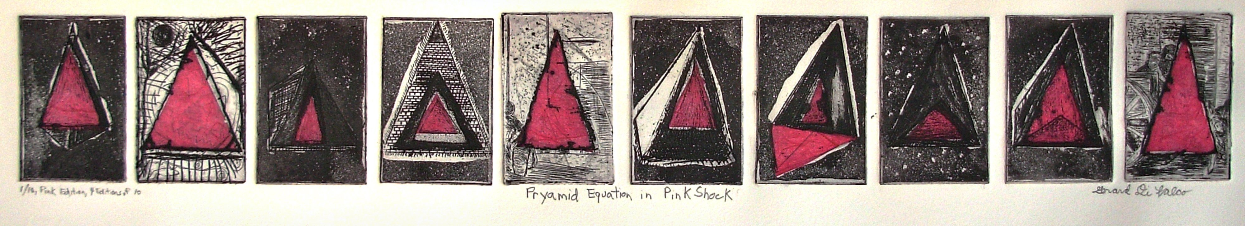 Jerry  Di Falco: 'Pyramidal Equation in Shocking Pink', 2012 Etching, Geometric. I used ten individual zinc plates, which were all placed on the printing press in a horizontal line. I used this method to achieve the rectangular relief- effect that the individual plates impress into the paper. My etching techniques in this work include intaglio, drypoint, chine colle, and aquatint it ...