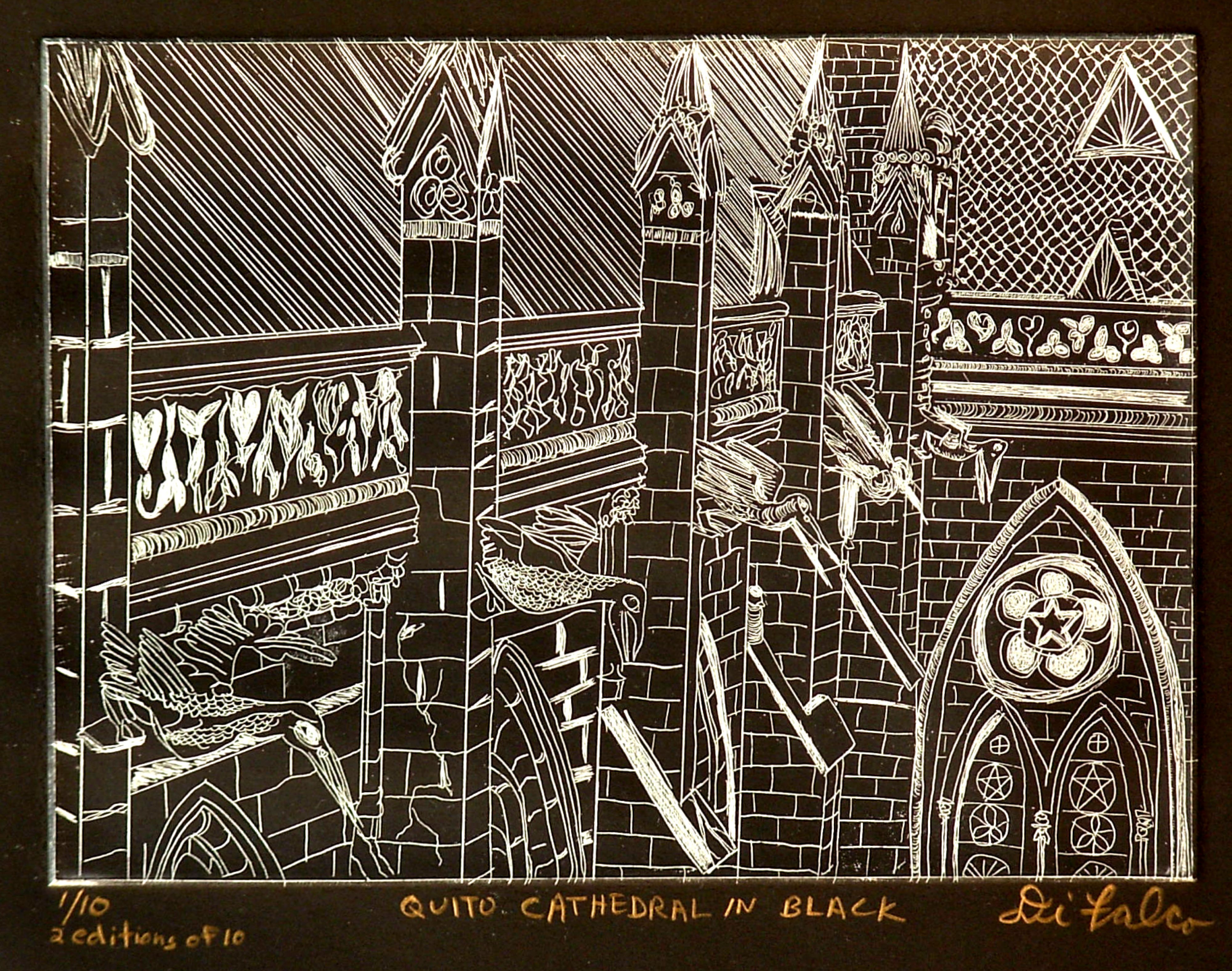 Jerry  Di Falco: 'Quito Cathedral in Black', 2010 Intaglio, Architecture. This print is taken from a photo detailing the unusual roof of Quito Cathedral in Ecuador, which is adorned with pelicans. I only used intaglio to enable the lines to become the only optical language and visual means of expression in the print. The edition size is limited to only ...