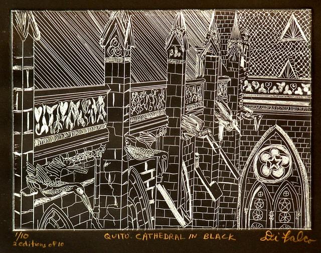 Jerry  Di Falco  'Quito Cathedral In Black', created in 2010, Original Watercolor.