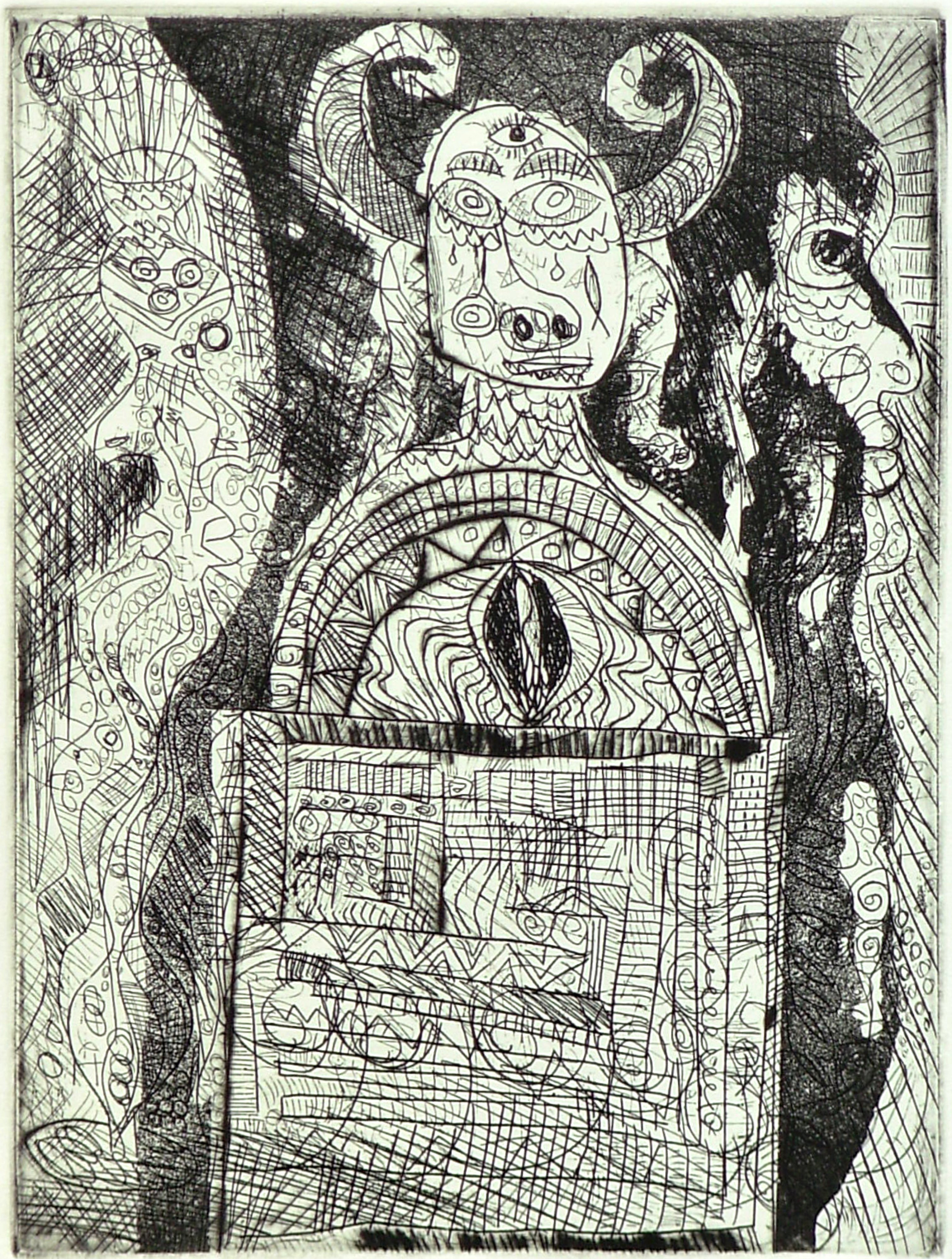 Jerry  Di Falco: 'San Francisco Juke Box Minotaur Hipster', 2008 Etching, Mythology. San Francisco Juke Box Minotaur Hipster, IS THE FULL TITLE OF THE INTAGLIO ETCHING. This work is part of a series inspired by the beat poets in San Francisco circa 1958.  The print size is 15 inches high by 11 inches wide. The work was hand printed and published by ...