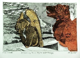 Jerry  Di Falco: 'Screaming Paris Sky in Gold and Orange', 2015 Intaglio, Scenic.  One zinc plate of six- inches high by nine inches wide was used. The overall size of the print measures 11 inches high by 15 inches wide, or 28cm x 38cm. Please note that this etching is shipped to the buyer without a frame or mat. This keeps the price...