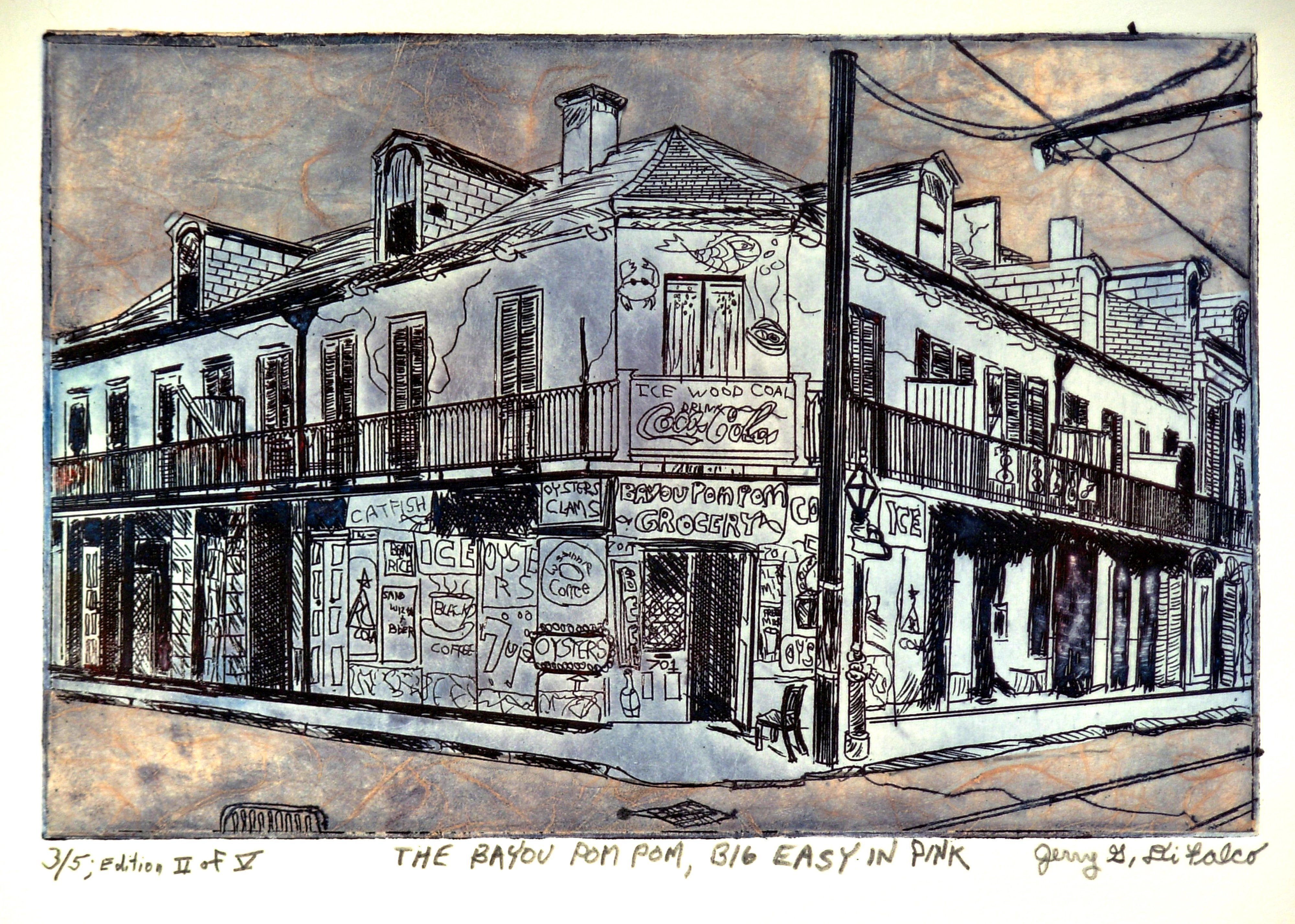 Jerry  Di Falco: 'THE BAYOU POM POM BIG EASY IN PINK', 2016 Etching, Cityscape. The title of this work is, THE BAYOU POMPOM BIG EASY IN PINK. Print Two of Five, and Edition ONE of FIVE. Media includes four colors of oil based, Charbonnel brand etching inks, RivesBFK white paper, and mulberry bark paper from Thailand. The studio techniques employed include Intaglio and Chine ...