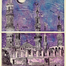 Jerry  Di Falco Artwork THE EGYPTIAN TOWERS AND THE TURQUOISE VIOLET NIGHT , 2013 Etching, Islamic