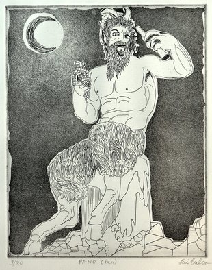 Jerry  Di Falco: 'THE GOD PAN', 2013 Etching, Mythology. This print incorporates the two etching techniques of aquatint and intaglio. The edition size is limited to only twenty and is printed on RivesBFK white paper. The print size is 12 by 15 inches. The print features Pan , a half man and half goat from Ancient Greece and Rome. Please ...