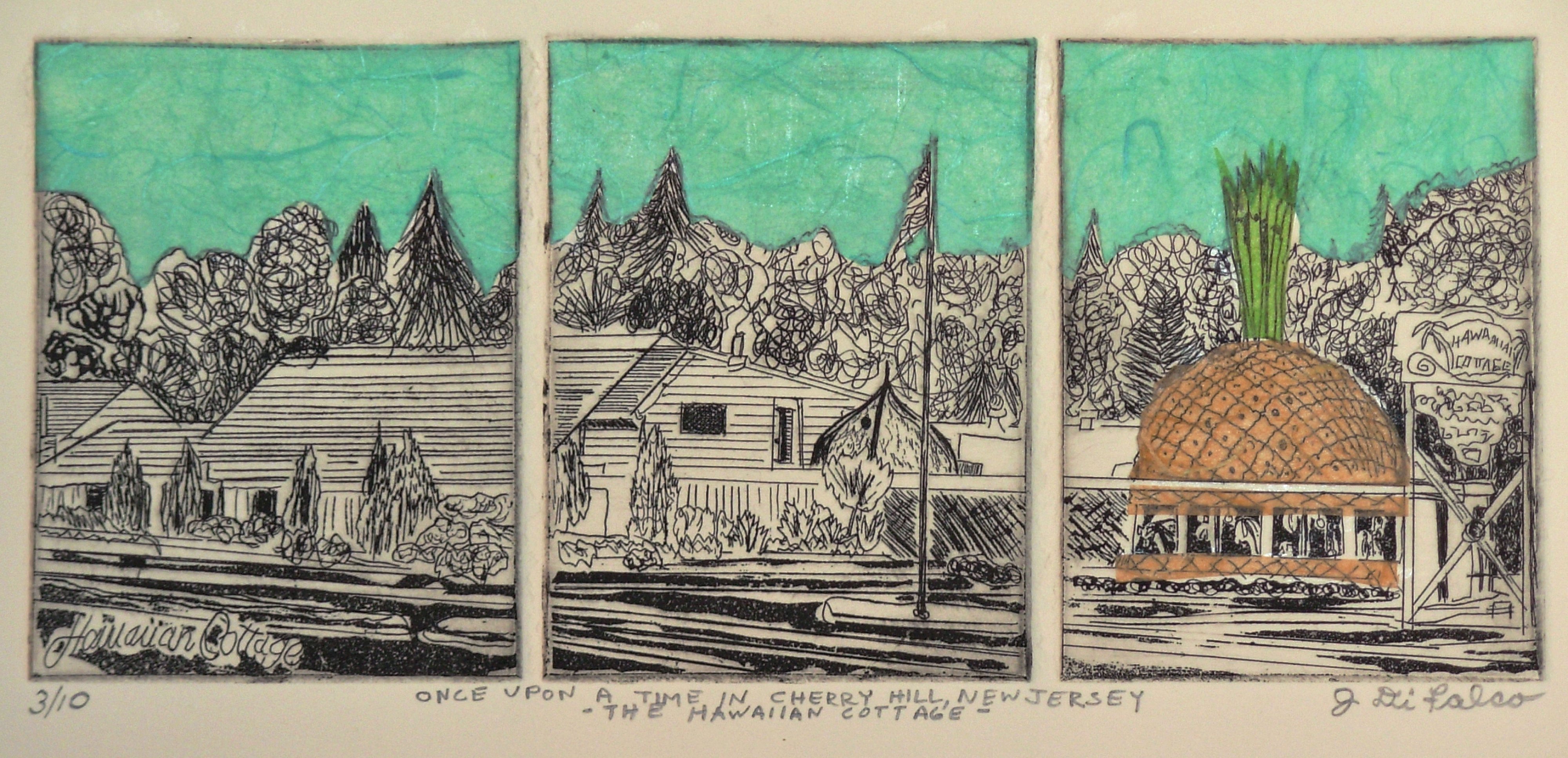 Jerry  Di Falco: 'THE HAWAIIAN COTTAGE', 2014 Etching, Landmarks. Title ONCE UPON A TIME IN CHERRY HILL, NEW JERSEY, THE HAWAIIAN COTTAGE. Please note that this etching is shipped and sold to the buyer without a frame or mat. This keeps the price low and also allows the collector a choice in framing. The etching is shipped in a ...