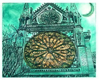 Jerry  Di Falco: 'THE MOON AND ROSE EDITION II', 2016 Intaglio, Landmarks.  TITLE WITH PUNCTUATION is, The Moon, Rose, and OctoberaEURtms Sorrow My FutureaEURtms Hidden Faces. This etching was inspired by a photograph I took in 1987 on the side of Notre Dame Cathedral in Paris, France. Later that day and while standing on the Seine while watching the cathedral...