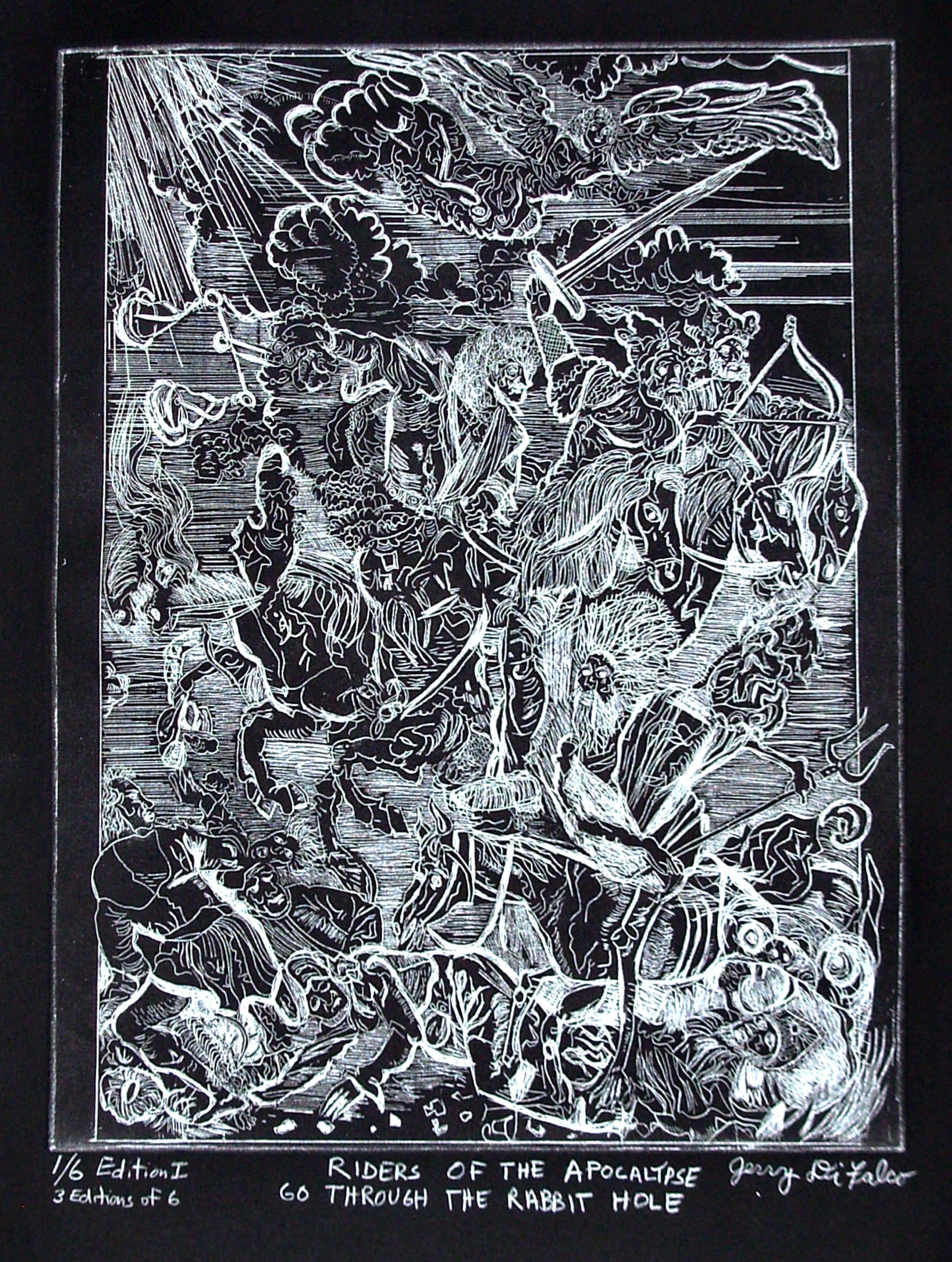 Jerry  Di Falco: 'THE RABBIT HOLE APOCALYPSE', 2010 Intaglio, Optical. title is, RIDERS OF THE APOCALYPSE GO THROUGH THE RABBIT HOLE. One should study this hand pilled intaglio carefully to see the optical illusion within it. The revelations you find may make you wonder if the left and right sides of the brain are really separate hemispheres. This is a ...