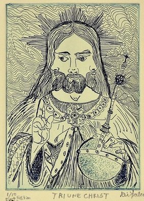 Jerry  Di Falco: 'TRIUNE CHRIST', 2010 Intaglio, Mystical. This work is from two very limited editions of only ten prints per edition. The image represents one of the most unusual icons of the Christian faith, The Triune Head of Christ. Print size is 11 inches high by 10 inches wide, or 28 x 25. 4 cm. There is ...