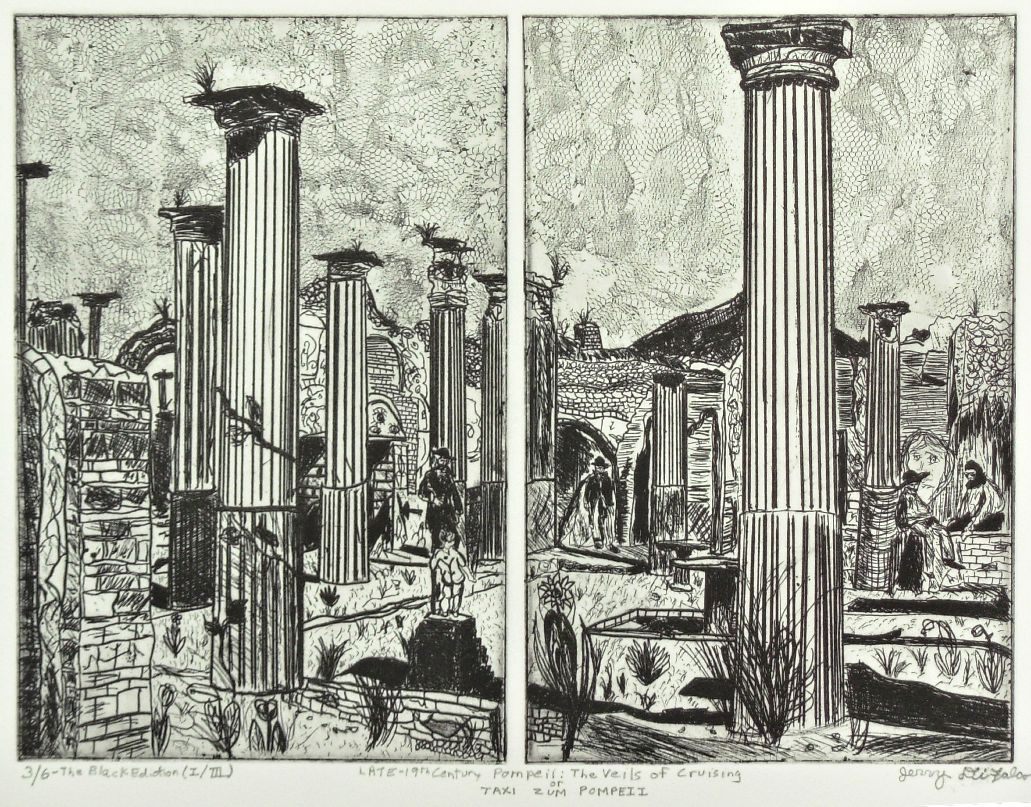 Jerry  Di Falco: 'Taxi Zum Pompeii', 2015 Etching, Surrealism. Please note that this etching is shipped and sold to the buyer without a frame or mat. This keeps the price reasonable and also allows the collector a wide range of choice in framing selection. For shipment, a sturdy cardboard box is employed. The etching is first wrapped in two ...