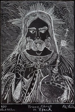 Jerry  Di Falco: 'Triune Christ in Black', 2010 Intaglio, Mystical. This work is from two very limited editions of only ten prints per edition. The image represents one of the most unusual icons of the Christian faith, The Triune Head of Christ. Print size is 11 inches high by 10 inches wide, or 28 x 25. 4 cm. There is ...