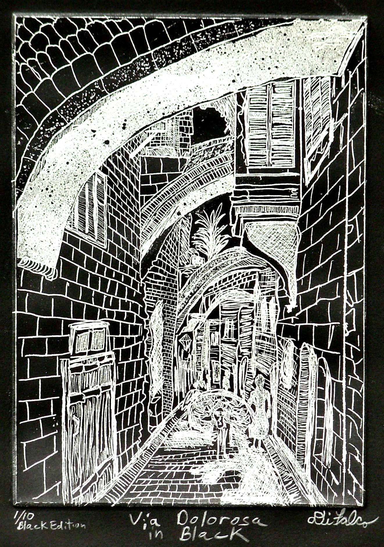 Jerry  Di Falco: 'VIA DOLOROSA in black', 2010 Etching, Christian. This print is from my series entitled MYSTERIOUS PLACES AND SACRED SPACES. The etching techniques include intaglio, aquatint and drypoint. This work is from twolimited editions of only ten prints per edition in my own blend of oil- based inkss printed on Stonehenge black paper. The image represents one of ...